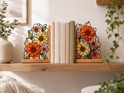 Front view of the botanical flower stained glass bookend set