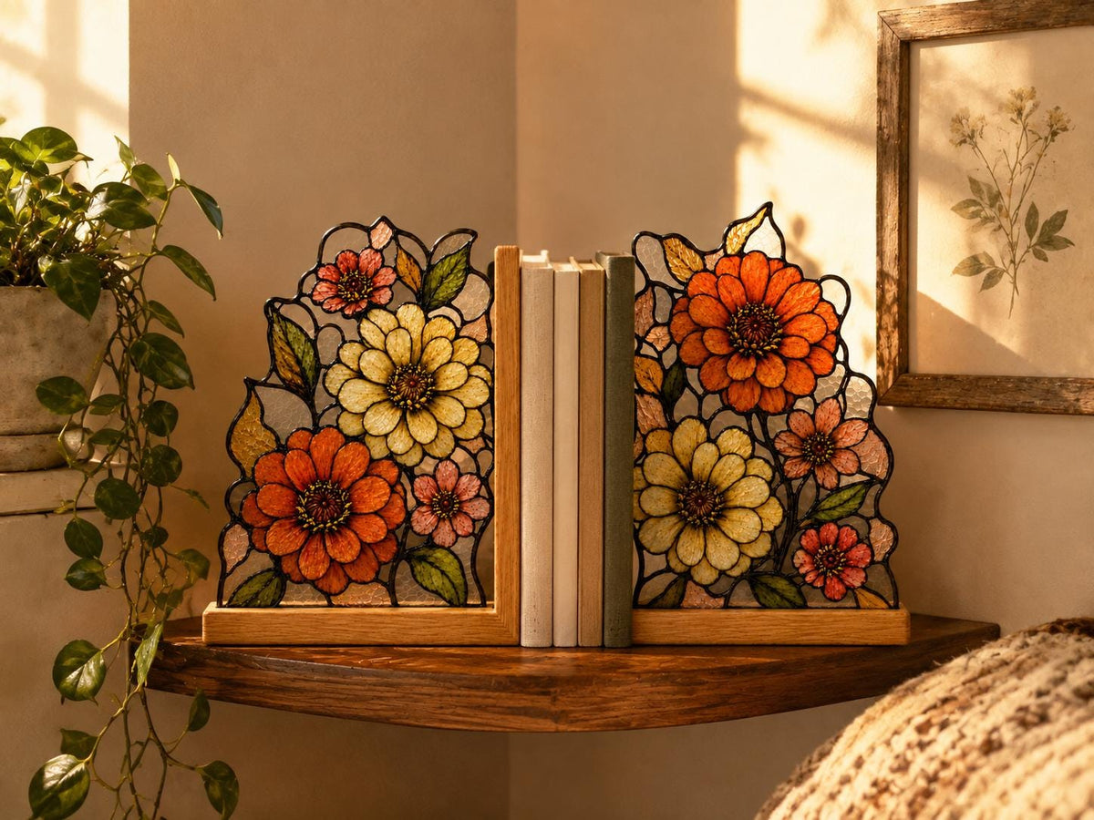 Detail view of the botanical flower stained glass artwork
