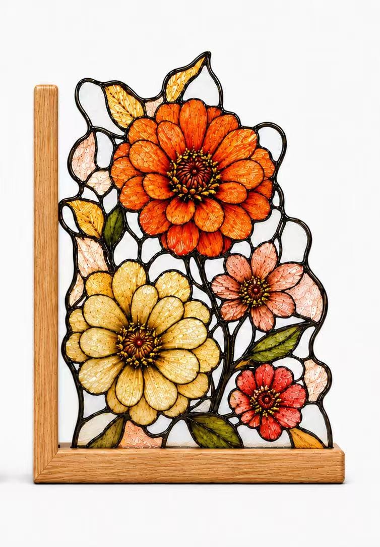 Botanical Flower glass bookend set near a bright window