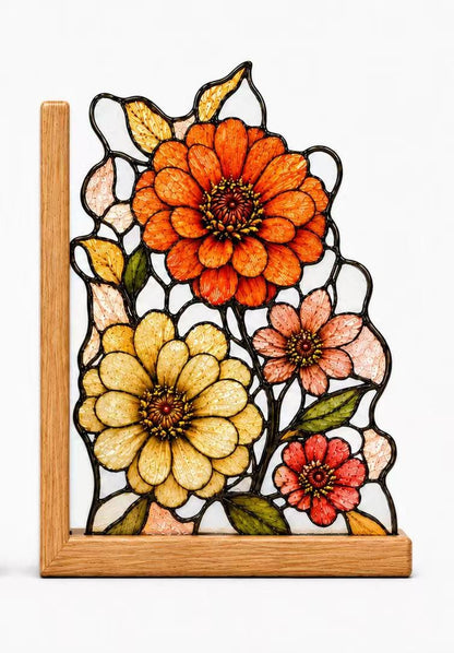 Botanical Flower glass bookend set near a bright window