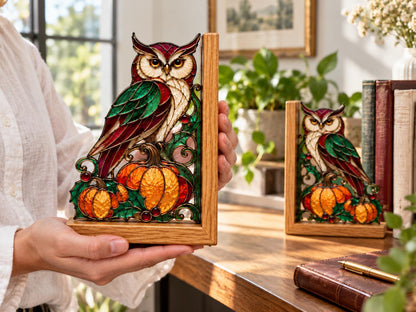 Detail view of the owl pumpkin stained glass artwork