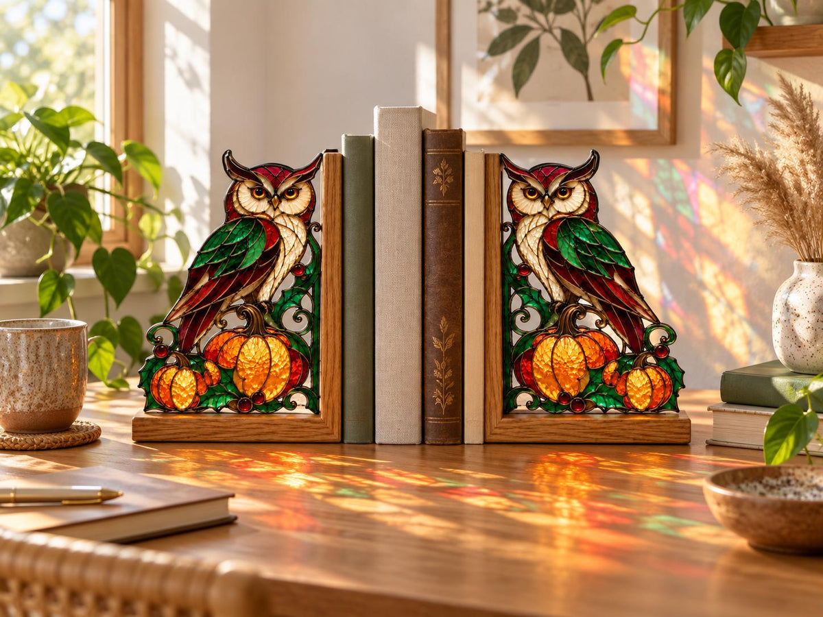 Front view of the owl pumpkin stained glass bookend set