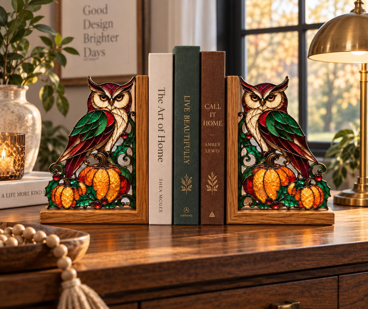 Owl Pumpkin glass bookend set near a bright window