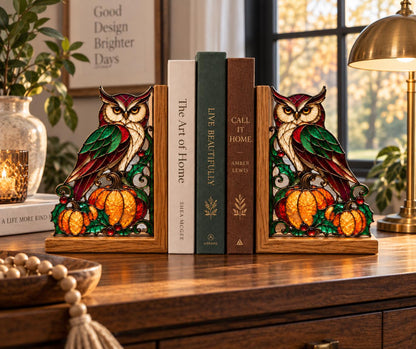 Owl Pumpkin glass bookend set near a bright window
