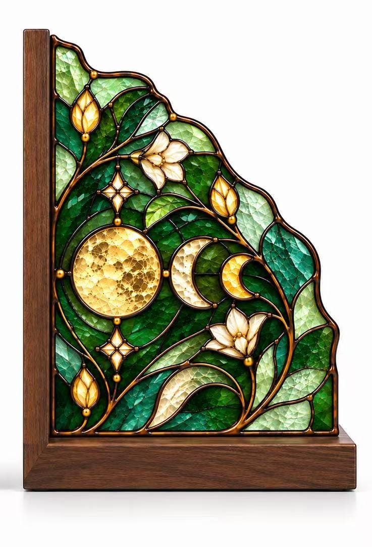 Moon Phase glass bookend set near a bright window