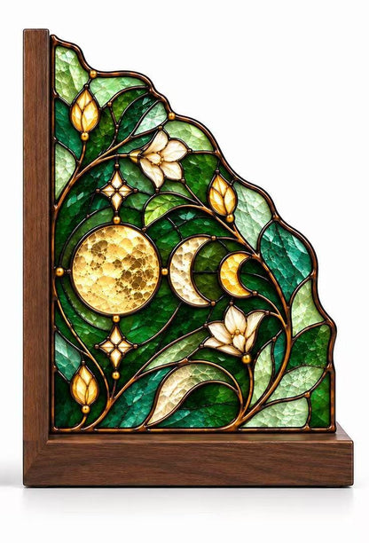 Moon Phase glass bookend set near a bright window