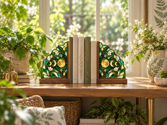 Moon Phase Stained Glass Bookends with Wood Bases displayed in natural light