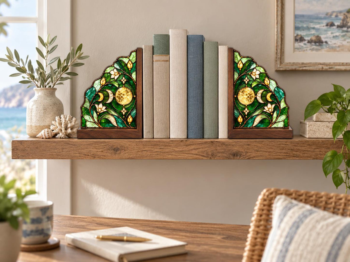 Front view of the moon phase stained glass bookend set