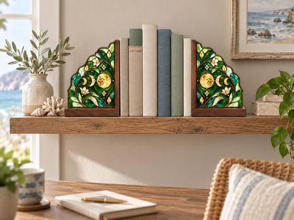 Front view of the moon phase stained glass bookend set