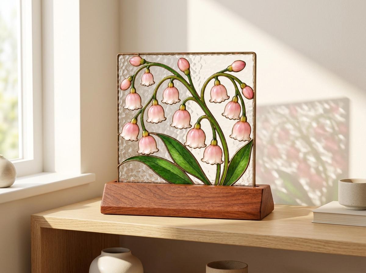 Pink Lily of the Valley glass tabletop glass decor near a bright window