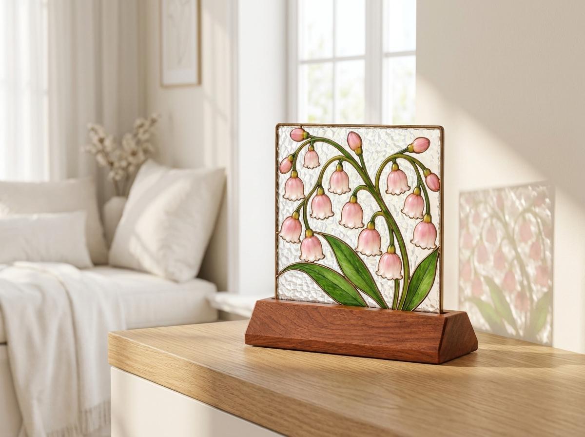 Pink Lily of the Valley tabletop glass decor arranged for indoor display
