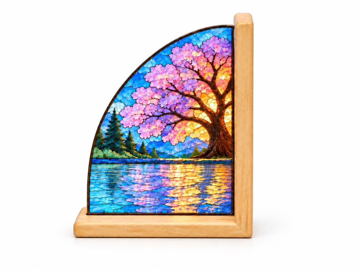 Cherry Blossom stained glass bookend set in a styled home interior