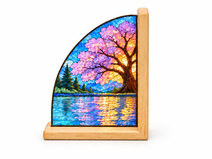 Cherry Blossom stained glass bookend set in a styled home interior
