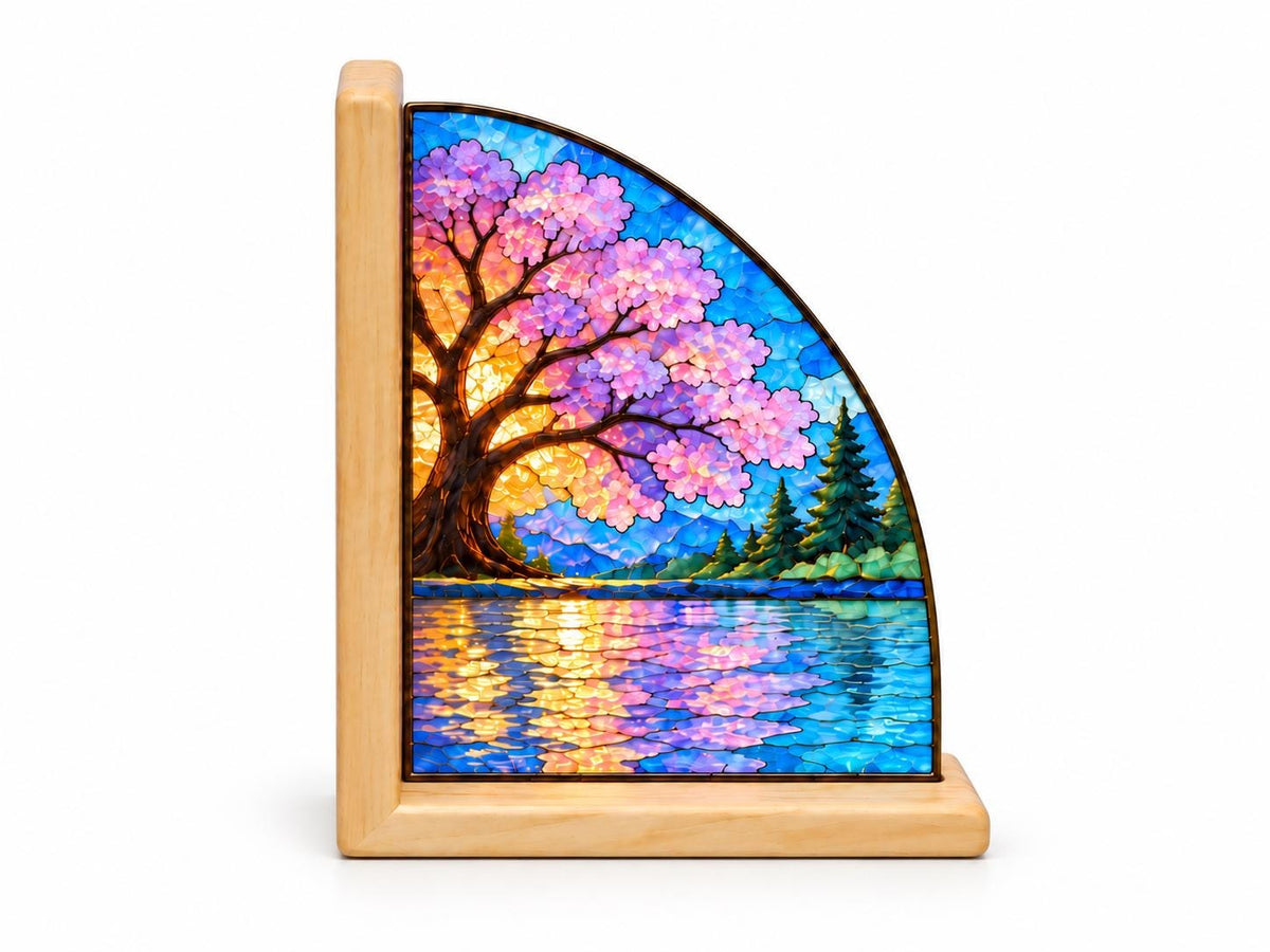 Front view of the cherry blossom stained glass bookend set