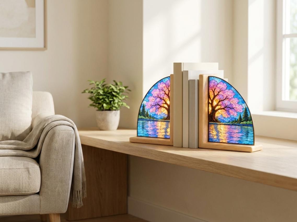 Front view of the cherry blossom stained glass bookend set