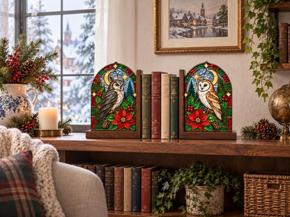 Angled view of the christmas owl glass artwork