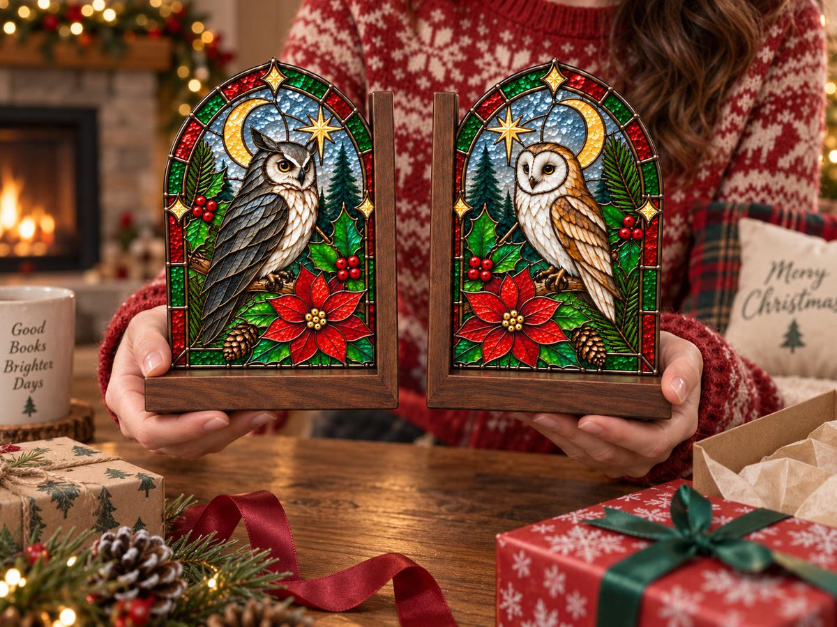Christmas Owl Stained Glass Bookends with Wood Bases displayed in natural light