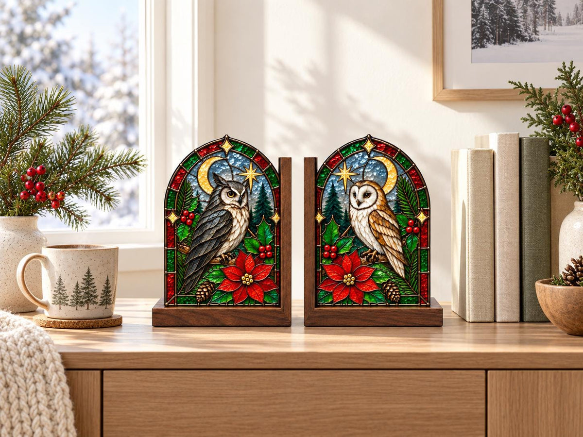 Front view of the christmas owl stained glass bookend set