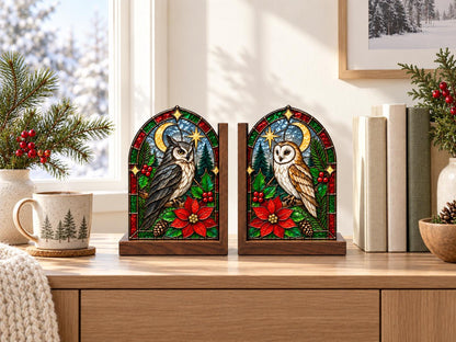 Front view of the christmas owl stained glass bookend set