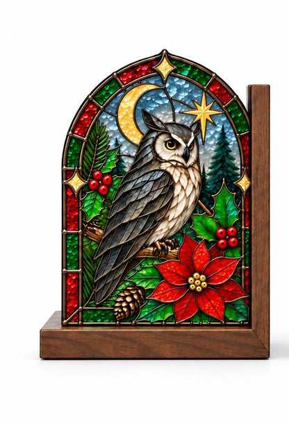 Angled view of the christmas owl glass artwork