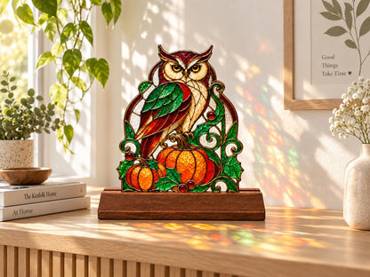 Owl Pumpkin stained glass tabletop glass decor in a styled home interior