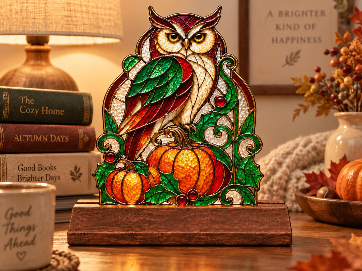 Front view of the owl pumpkin stained glass tabletop glass decor