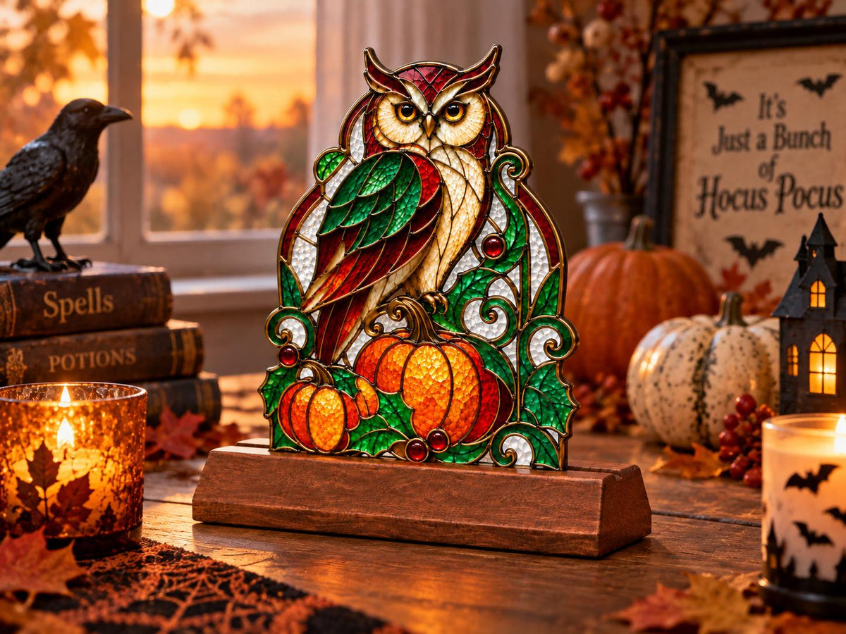 Close view showing color and texture in the owl pumpkin design