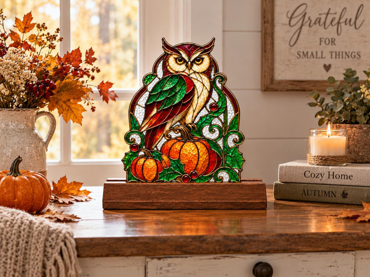 Additional view of the owl pumpkin glass design