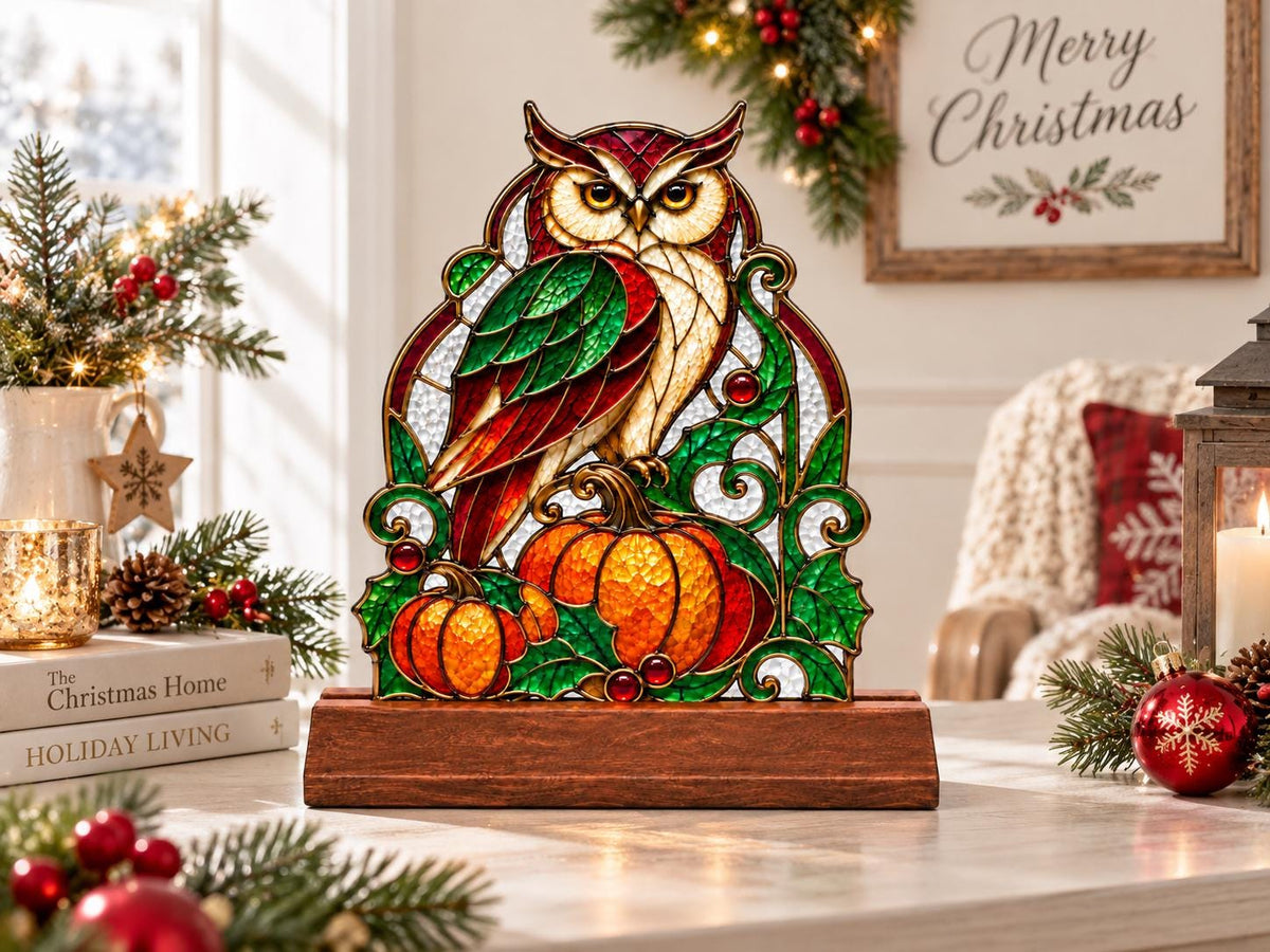 Detail view of the owl pumpkin stained glass artwork
