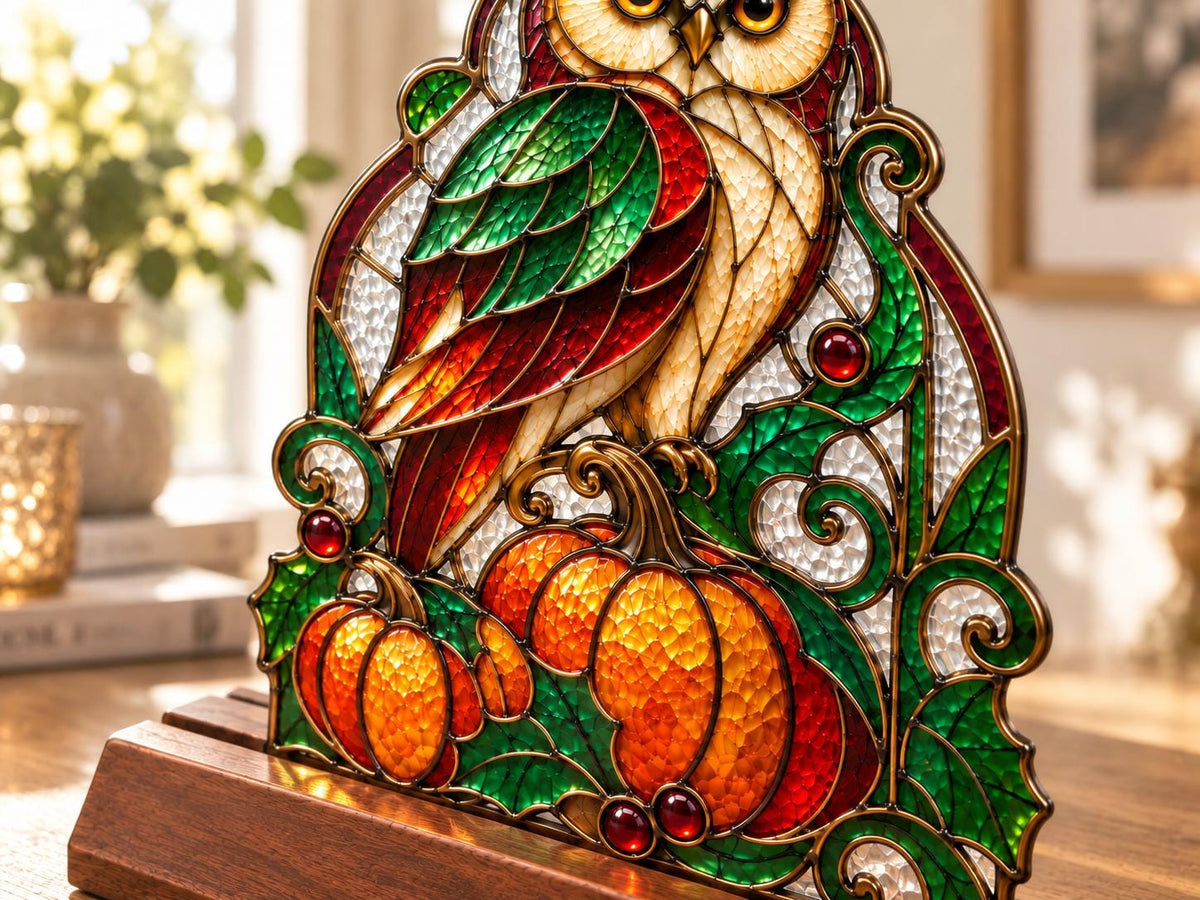 Scale or packaging view for the owl pumpkin tabletop glass decor