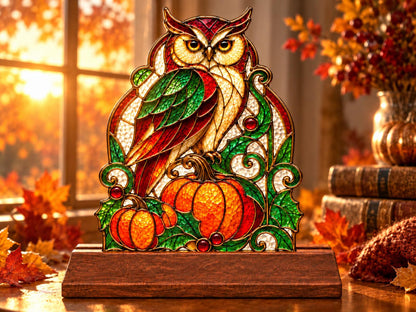 Owl Pumpkin Stained Glass Tabletop Decor with Wood Base displayed in natural light