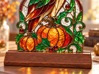 Owl Pumpkin stained glass tabletop glass decor in a styled home interior
