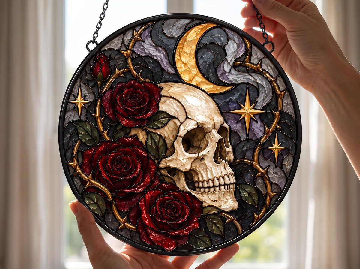 Gothic Skull Rose Stained Glass Suncatcher displayed in natural light