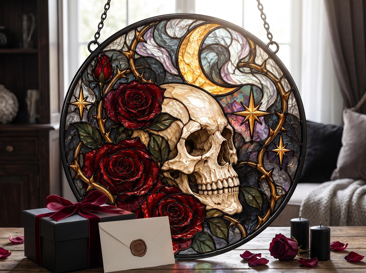 Angled view of the gothic skull rose glass artwork