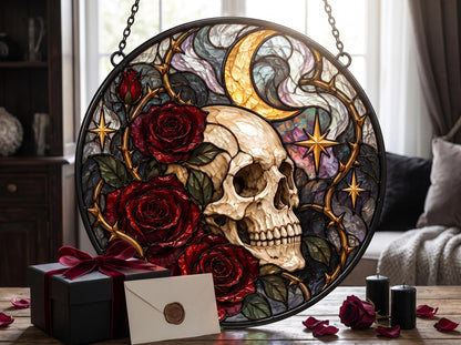 Angled view of the gothic skull rose glass artwork