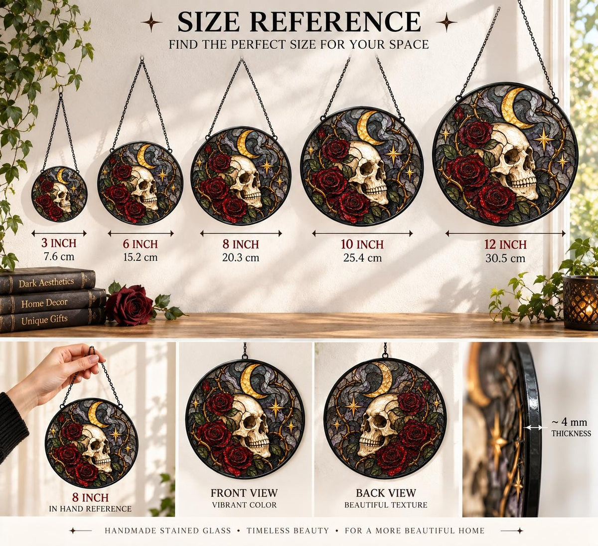 Gothic Skull Rose glass hanging suncatcher near a bright window