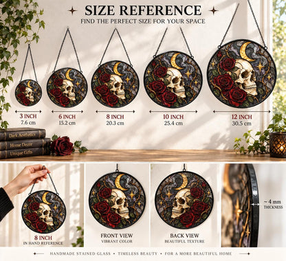 Gothic Skull Rose glass hanging suncatcher near a bright window