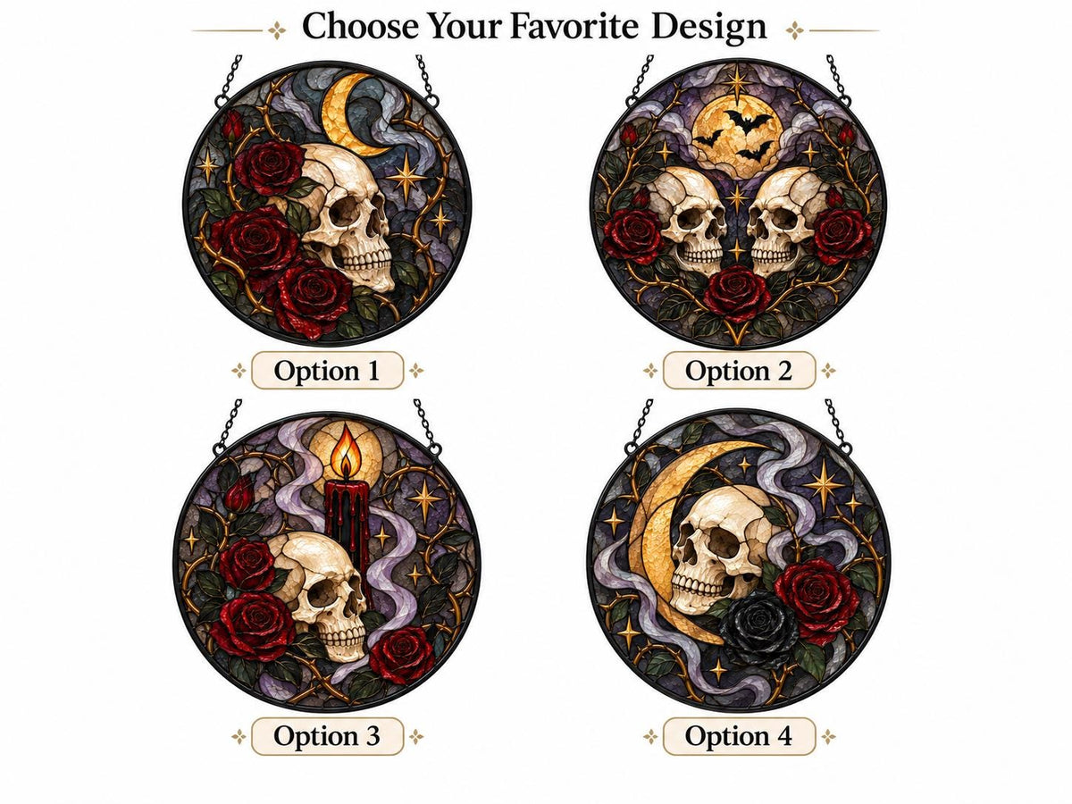 Detail view of the gothic skull rose stained glass artwork