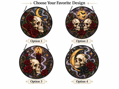 Detail view of the gothic skull rose stained glass artwork