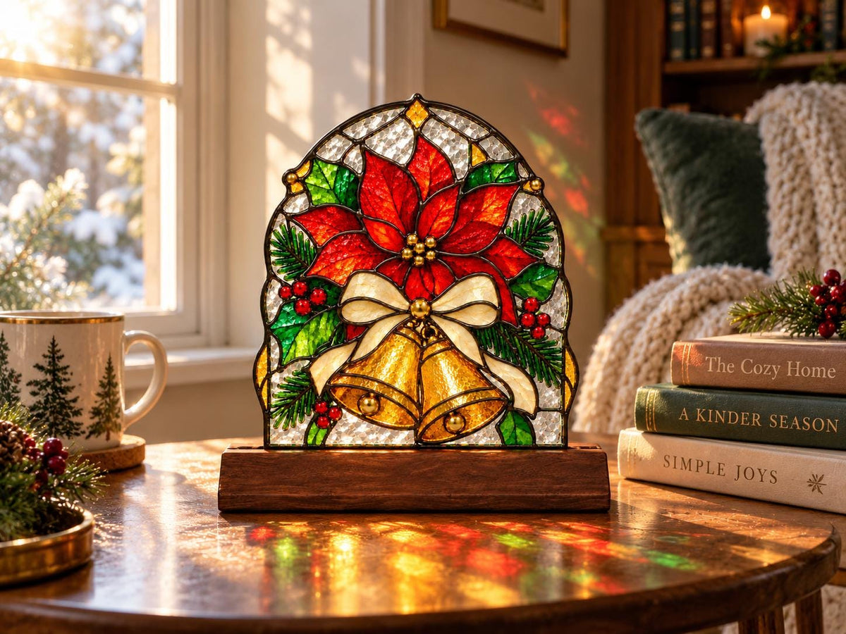 Poinsettia Bell Christmas Stained Glass Tabletop Decor with Wood Base displayed in natural light