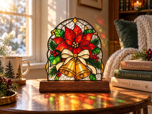 Poinsettia Bell Christmas Stained Glass Tabletop Decor with Wood Base displayed in natural light