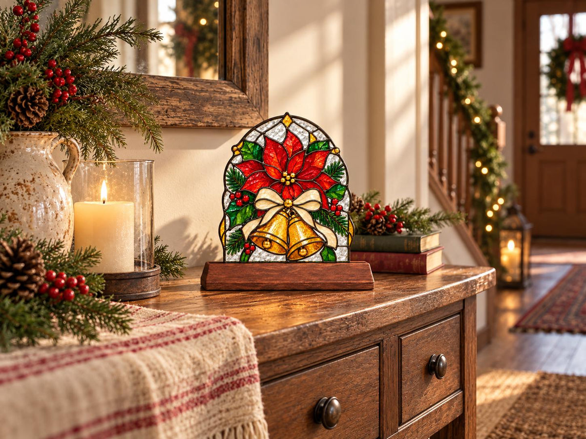 Angled view of the poinsettia bell christmas glass artwork