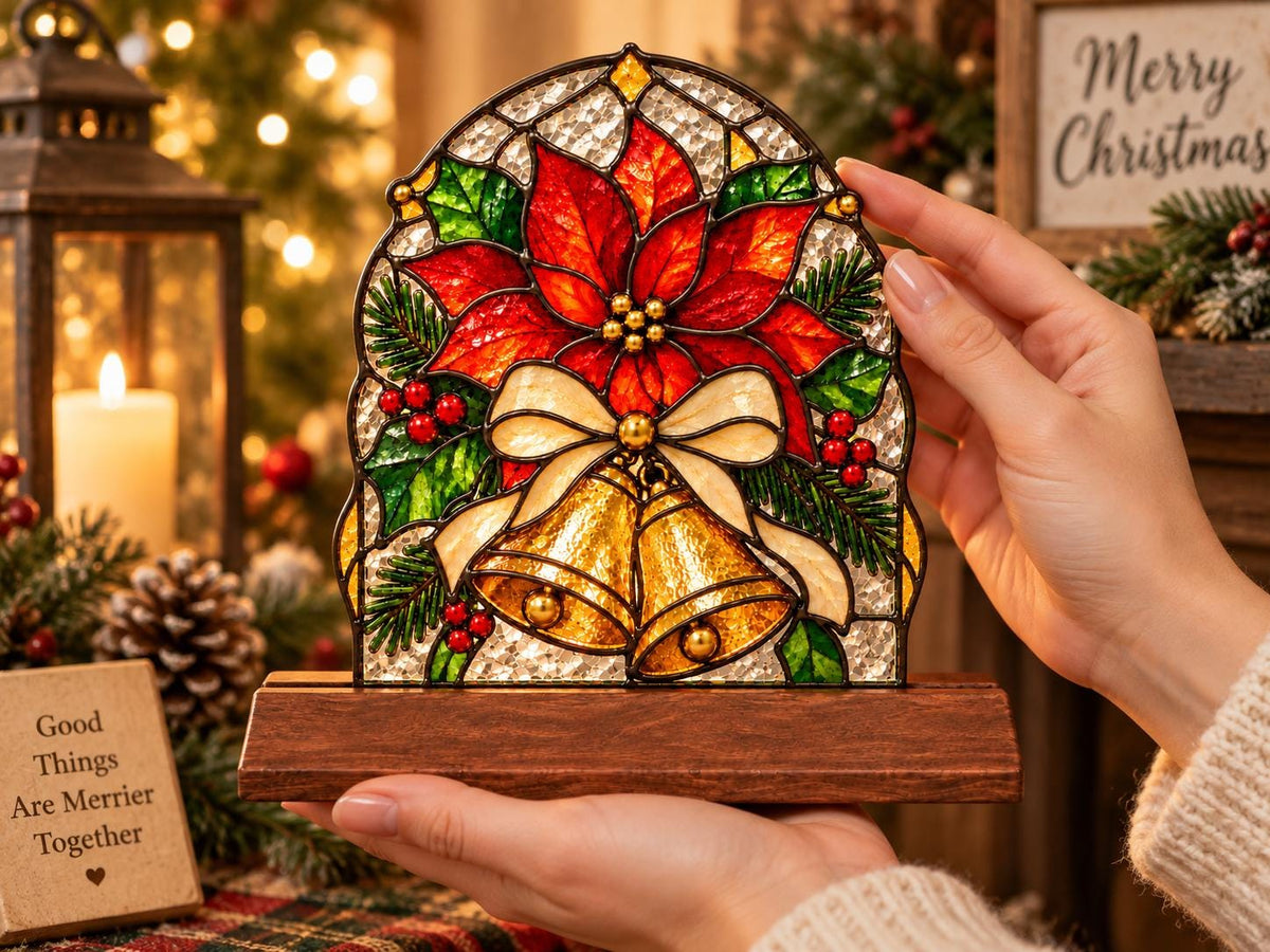 Poinsettia Bell Christmas tabletop glass decor arranged for indoor display
