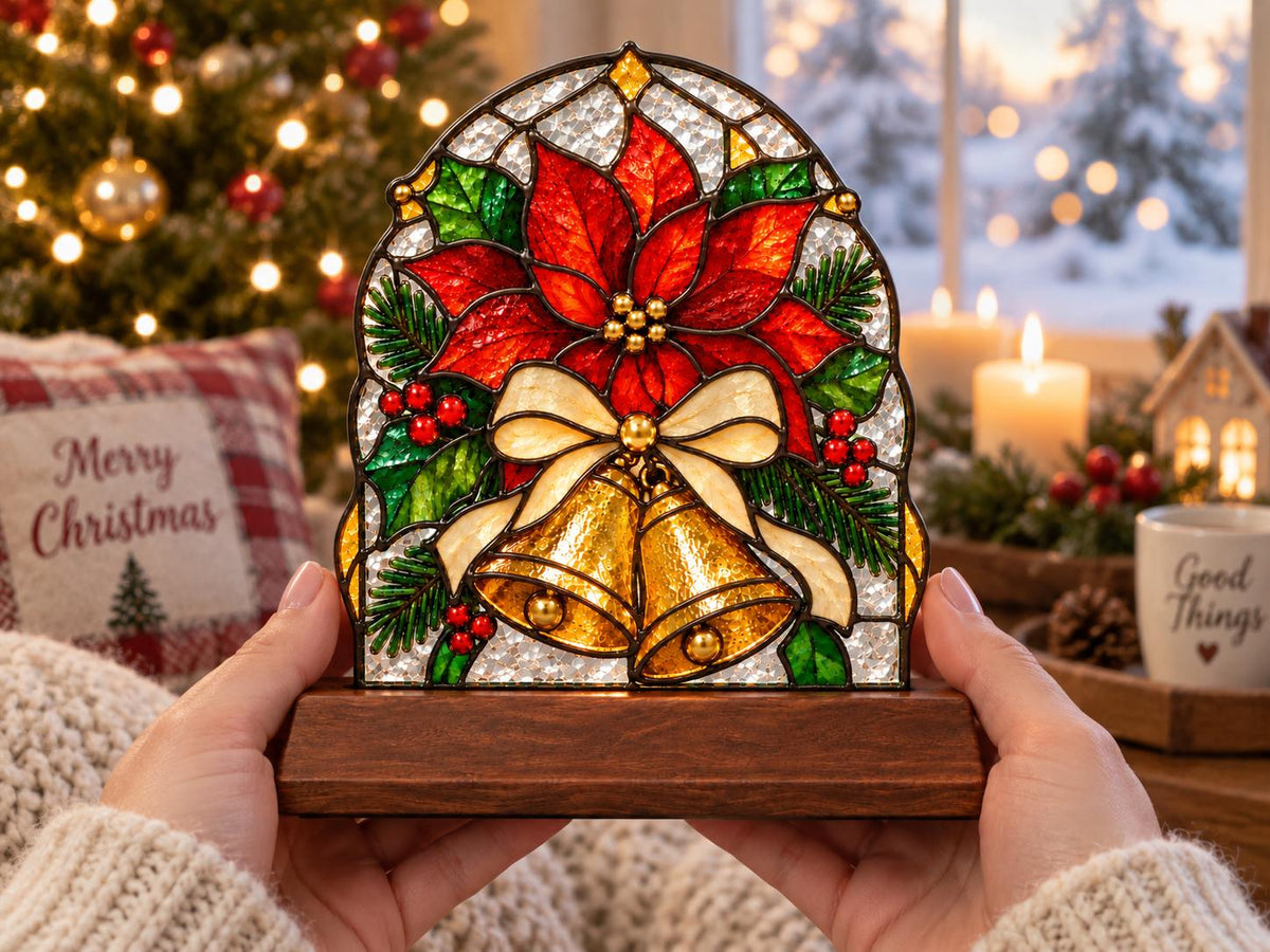 Detail view of the poinsettia bell christmas stained glass artwork