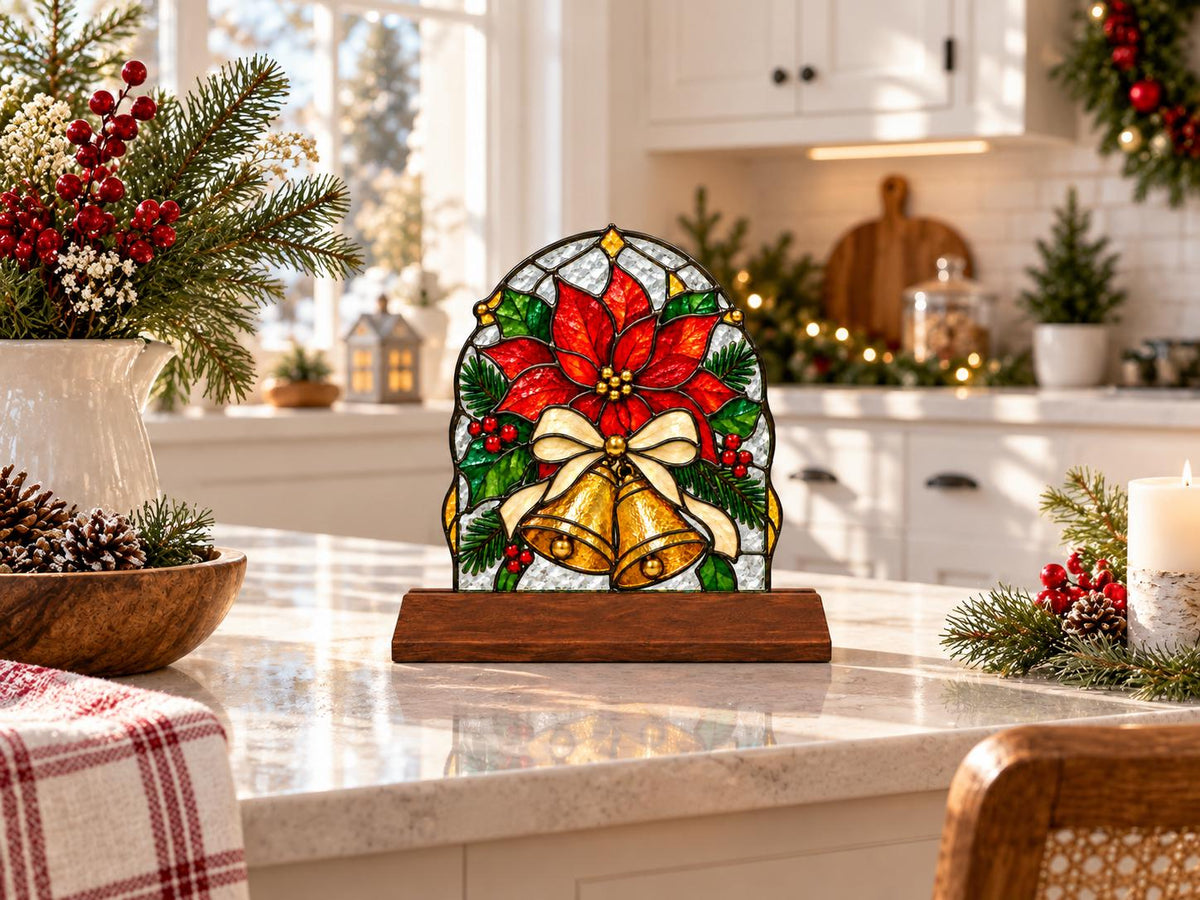 Poinsettia Bell Christmas stained glass tabletop glass decor in a styled home interior