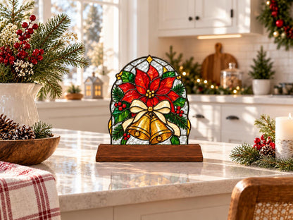 Poinsettia Bell Christmas stained glass tabletop glass decor in a styled home interior