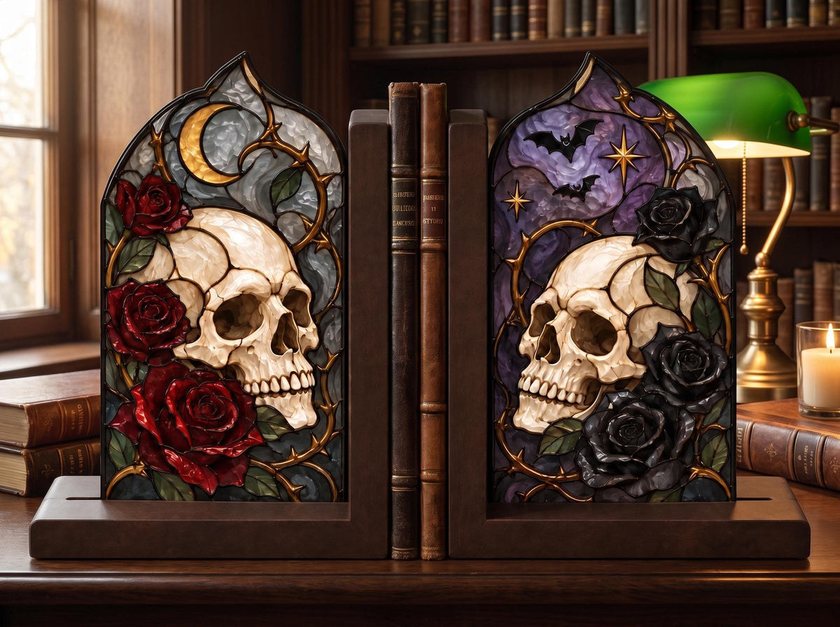 Front view of the gothic skull stained glass bookend set