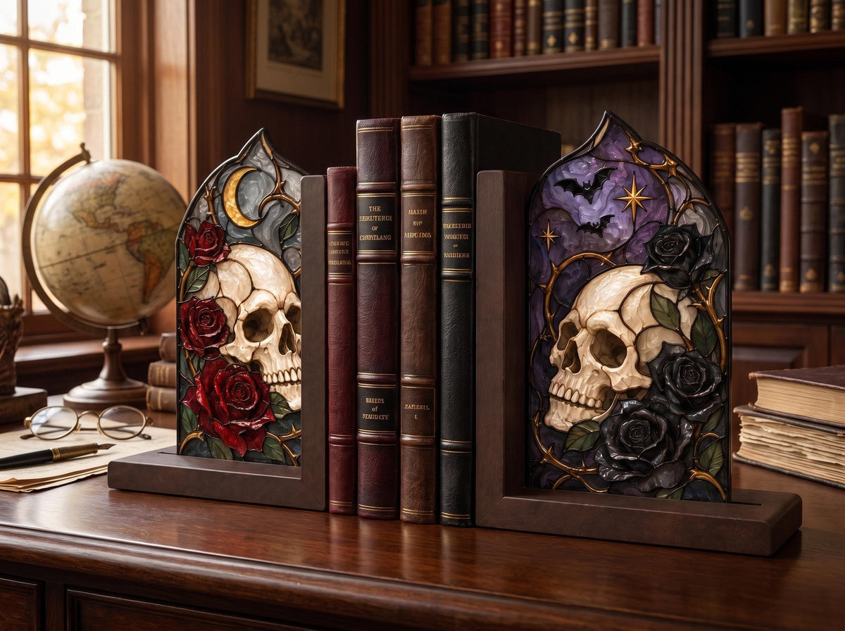 Gothic Skull Stained Glass Bookends with Wood Bases displayed in natural light