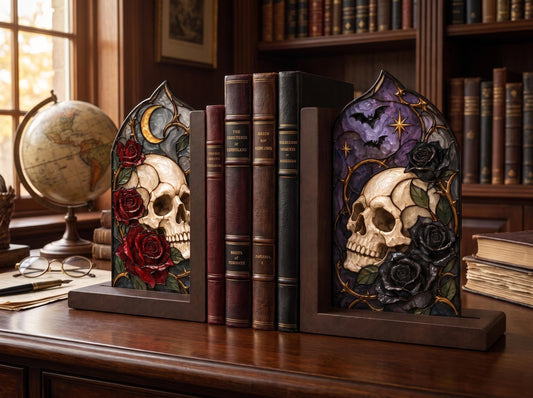 Gothic Skull Stained Glass Bookends with Wood Bases displayed in natural light