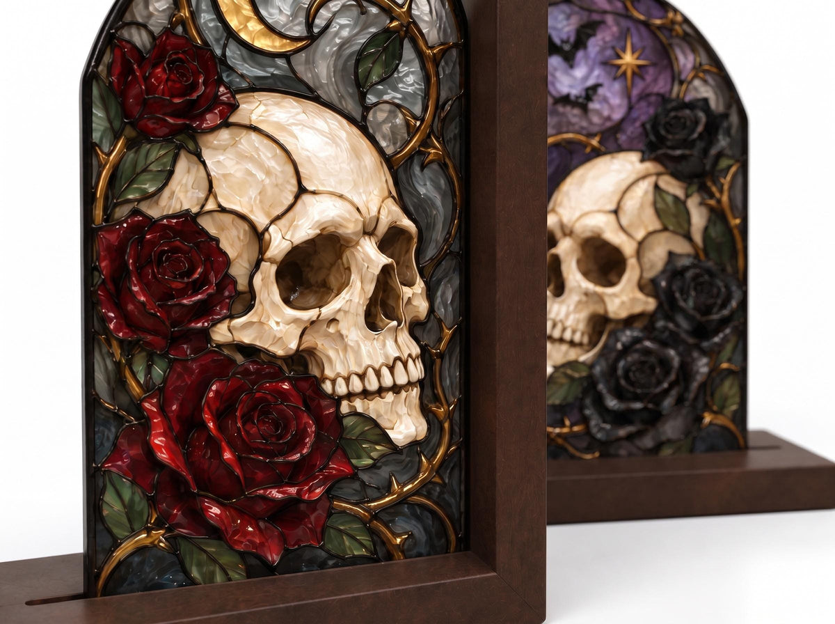 Close view showing color and texture in the gothic skull design